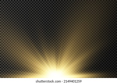 Explosión estelar sobre fondo transparente, rayos solares de luces amarillas, efecto especial de la bengala con rayos de luz y brillo mágico, estrella dorada brillante y brillante, ilustración vectorial, eps 10.