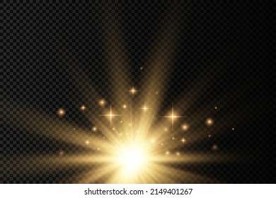 Star explosion on transparent background, yellow glow lights sun rays, flare special effect with rays of light and magic sparkles, bright and shining golden star, vector illustration, eps 10.