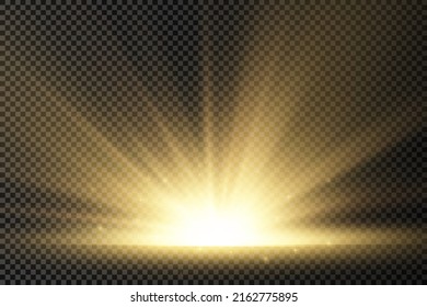 Star explosion on transparent background, yellow glow lights sun rays, flare special effect with rays of light and magic sparkles, bright and shining golden star, vector illustration, eps 10.