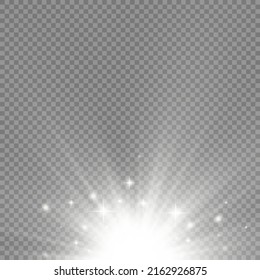 Explosión estelar sobre fondo transparente, rayos solares de luces blancas, efecto especial de la bengala con rayos de luz y brillo mágico, estrella blanca brillante y brillante, ilustración vectorial, eps 10.