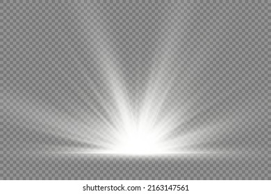 Star explosion on transparent background, white glow lights sun rays, flare special effect with rays of light and magic sparkles, bright and shining white star, vector illustration, eps 10.