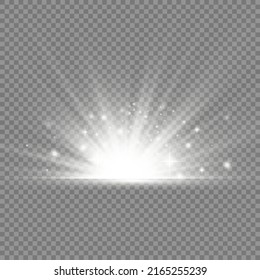 Star explosion on transparent background, white glow lights sun rays, flare special effect with rays of light and magic sparkles, bright and shining white star, vector illustration, eps 10.