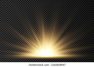 Star explosion on transparent background, yellow glow lights sun rays, flare special effect with rays of light and magic sparkles, bright and shining golden star, vector illustration, eps 10.