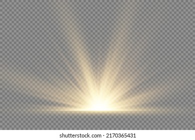 Star explosion on transparent background, flare special effect with rays of light and magic sparkles, bright and shining golden star, yellow glow lights sun rays, vector illustration, eps 10.