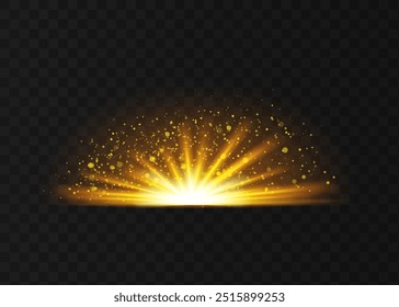 Star explosion on transparent background, yellow glow lights sun rays, flare special effect with rays of light and magic sparkles, bright and shining golden star, vector illustration