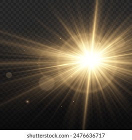 Star explosion, yellow glow lights sun rays. Glow light star, yellow sun rays, gold glare bokeh. 