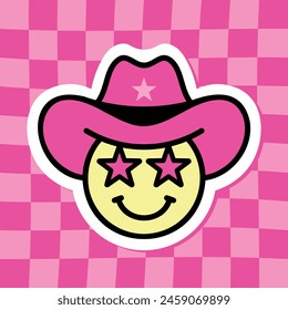 star eyes cowboy emoji, hot pink groovy sticker, black outline, cute sticker on groovy background, retro style vector illustration