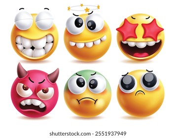 Conjunto de personajes de Vector de emoji de ojos de estrella. Clip arte emojis en divertido, mareado herido, ojos de estrella roja, malvado, enfermo y el sentimiento de expresiones faciales Elementos de iconos en el fondo blanco. Ilustración vectorial emocionada 