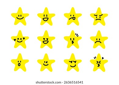 Star Faces with various doodle Emotions. Doodle drawing style. Different colorful characters. Flat design. Hand drawn trendy Vector illustration.