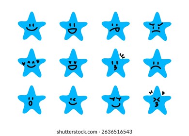 Star Faces with various doodle Emotions. Doodle drawing style. Different colorful characters. Flat design. Hand drawn trendy Vector illustration.