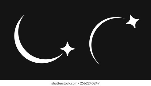 Star fall icon vector, simple comet tail flying in night sky cartoon comic modern logo illustration set, meteor shoot isolated sign symbol black white image clip art 