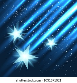 Star fall on blue light rays background. Three abstract stars with glow lights beam falling in dark. Fantasy space galaxy shape design