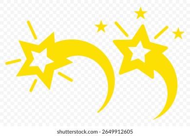 Ícone de vetor de queda de estrela. Estrela cadente amarela. Cometa voador com cauda. Estrelas caindo, meteoros caindo, elementos abstratos de galáxias. Ilustração vetorial