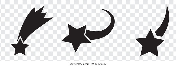 Ícones de vetor de queda de estrelas. Estrelas em queda. Cintilações de estrelas. Ilustração do vetor estrelado. Cometa, meteoro, ícones. Ícone de estrela cadente de 3 tipos.