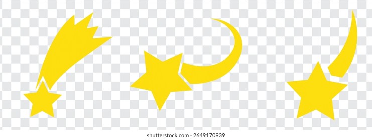 Ícones de vetor de queda de estrelas. Estrelas em queda. Cintilações de estrelas. Ilustração do vetor estrelado. Cometa, meteoro, ícones. Ícone de estrela cadente de 3 tipos.