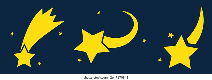 Star fall vector icons. Falling stars. Star sparkles. Starry vector illustration. Comet, meteor, icons. Falling star icon of 3 types.