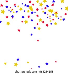 Star Falling Confetti Print. Vector Background for Birthday Party Celebration. Starlight, Light Paper in Gold, Blue, Red Colors. 