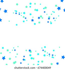 Star Falling Confetti Print. Vector Background for Birthday Party, Celebration. White Background With Blue And Light Green Stars.