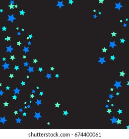 Star Falling Confetti Print. Vector Background for Birthday Party, Celebration. Dark Background With Blue And Light Green Stars.