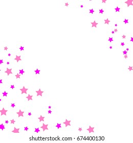 Star Falling Confetti Print. Vector Background for Birthday Party, Celebration, Festival. White Background With Pink And Purple Stars.