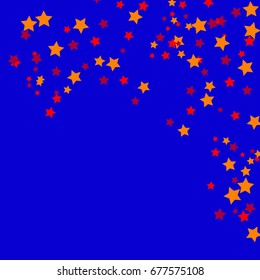 Star Falling Confetti Print. Vector Background for Birthday Party Celebration. Blue Background with Gold/Orange and Red Stars.
