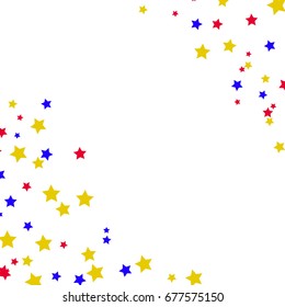 Star Falling Confetti Print. Vector Background for Birthday Party, Celebration, Festival. White Background With Blue, Gold And Red Stars.