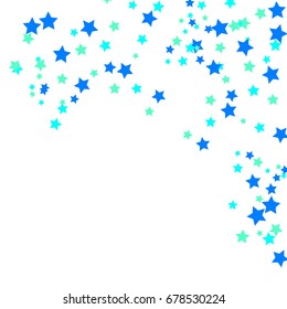 Star Falling Confetti Print. Vector Background for Birthday Party, Celebration, Festival. White Background With Blue And Green Stars.
