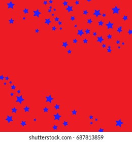 Star Falling Confetti Print. Vector Background for Birthday Party Celebration, Festival. Red Background With Blue Stars.