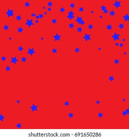 Star Falling Confetti Print. Vector Background for Birthday Party Celebration, Festival. Red Background With Blue Stars.