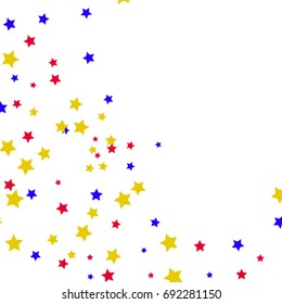 Star Falling Confetti Print. Vector Background for Birthday Party, Celebration, Festival. White Background With Blue, Gold And Red Stars.