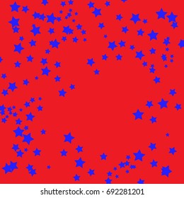 Star Falling Confetti Print. Vector Background for Birthday Party Celebration, Festival. Red Background With Blue Stars.