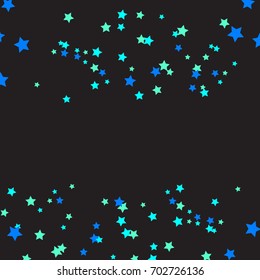 Star Falling Confetti Print. Vector Background for Birthday Party, Celebration, Festival. Dark Background With Blue And Light Green Stars.