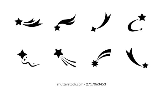 Conjunto de iconos de caída de estrellas. Estrellas con rastro de caída. Colección de símbolo del cosmos volador de cometas. Conjunto de iconos de estrellas fugaces planas. Icono de estrella. Abstractas cosmos. Ilustración vectorial. 