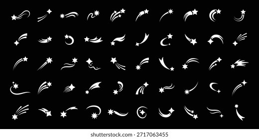 Conjunto de iconos de caída de estrellas. Estrellas con rastro de caída. Colección de símbolo del cosmos volador de cometas. Conjunto de iconos de estrellas fugaces planas. Icono de estrella. Abstractas cosmos. Ilustración vectorial. 