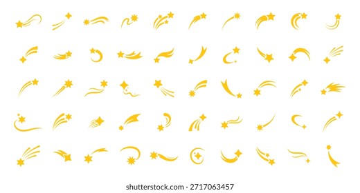 Conjunto de iconos de caída de estrellas. Estrellas con rastro de caída. Colección de símbolo del cosmos volador de cometas. Conjunto de iconos de estrellas fugaces planas. Icono de estrella. Abstractas cosmos. Ilustración vectorial. 