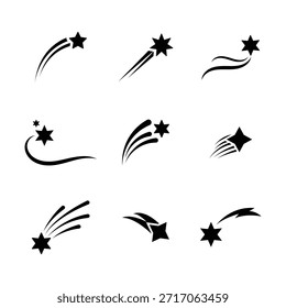 Conjunto de iconos de caída de estrellas. Estrellas con rastro de caída. Colección de símbolo del cosmos volador de cometas. Conjunto de iconos de estrellas fugaces planas. Icono de estrella. Abstractas cosmos. Ilustración vectorial. 