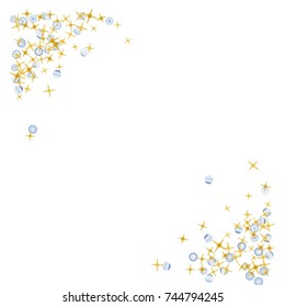 Star Falling Print. Gold Yellow Starry Background with beautiful blue planets. Vector Confetti Star Background Pattern. Starlight Background. Astral Design.Golden Starlit Card.Modern Creative Pattern.