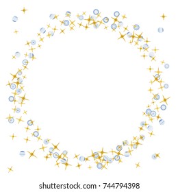 Star Falling Print. Gold Yellow Starry Background with beautiful blue planets. Vector Confetti Star Background Pattern. Starlight Background. Astral Design.Golden Starlit Card.Modern Creative Pattern.