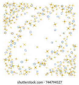 Star Falling Print. Gold Yellow Starry Background with beautiful blue planets. Vector Confetti Star Background Pattern. Starlight Background. Astral Design.Golden Starlit Card.Modern Creative Pattern.
