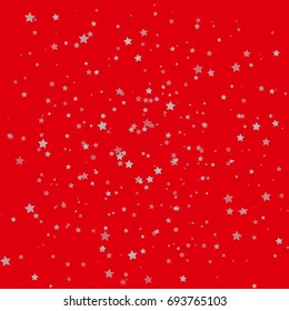 Star Falling Print. Silver and Red Starry Background. Vector Confetti Star Background Pattern. Starlight Night. Astral Design. Red Starlit Card. Confetti Fall Chaotic Decor. Modern Creative Pattern.