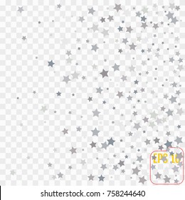 Star Falling Print. Transparent  Silver Starry Background. Vector Confetti Star Background Pattern. Gray Starlit Card. Confetti Fall Chaotic Decor. Modern Creative Pattern.