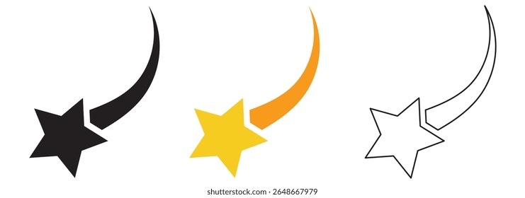 Ícones de vetor de queda de estrelas. Estrelas em queda. Cintilações de estrelas. Ilustração do vetor estrelado. Cometa, meteoro, ícones. Design de variedade. Eps 10