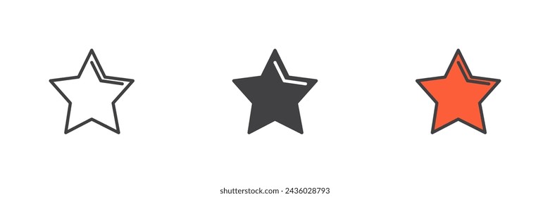 Estrella, conjunto de iconos de estilo diferente favorito. Línea, glifo y contorno relleno versión colorida, contorno y signo de vector relleno. Símbolo, ilustración del logotipo. Gráficos vectoriales