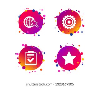 Star favorite and globe with mouse cursor icons. Checklist and cogwheel gear sign symbols. Gradient circle buttons with icons. Random dots design. Vector