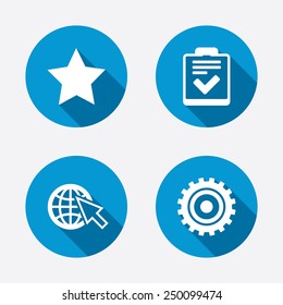 Star favorite and globe with mouse cursor icons. Checklist and cogwheel gear sign symbols. Circle concept web buttons. Vector