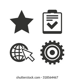 Star favorite and globe with mouse cursor icons. Checklist and cogwheel gear sign symbols. Flat icons on white. Vector