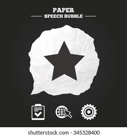 Star favorite and globe with mouse cursor icons. Checklist and cogwheel gear sign symbols. Paper speech bubble with icon.