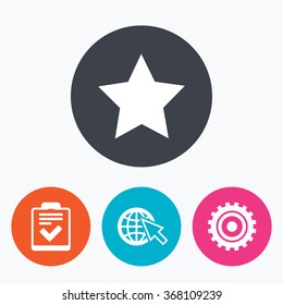 Star favorite and globe with mouse cursor icons. Checklist and cogwheel gear sign symbols. Circle flat buttons with icon.