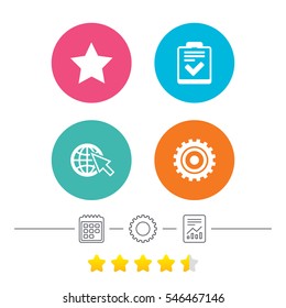 Star favorite and globe with mouse cursor icons. Checklist and cogwheel gear sign symbols. Calendar, cogwheel and report linear icons. Star vote ranking. Vector