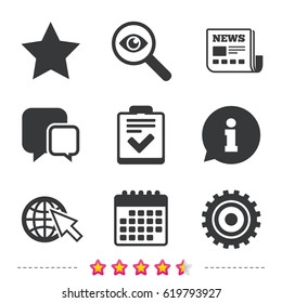 Star favorite and globe with mouse cursor icons. Checklist and cogwheel gear sign symbols. Newspaper, information and calendar icons. Investigate magnifier, chat symbol. Vector